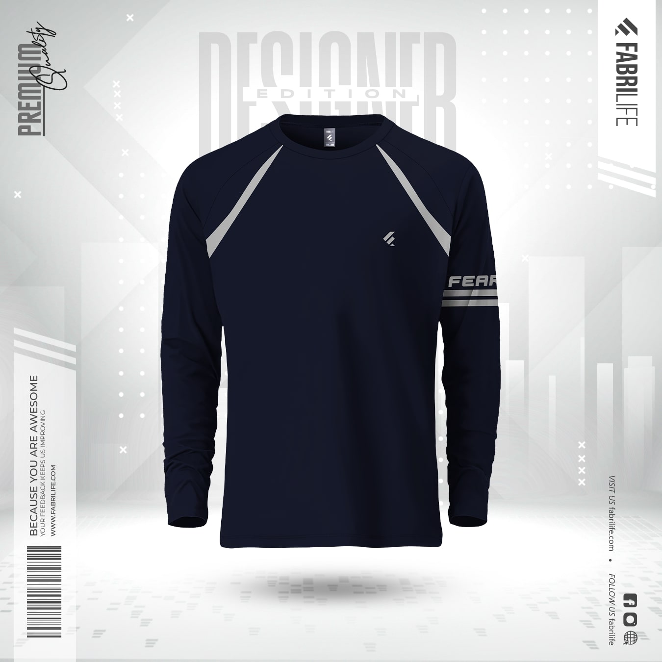 Men Full Sleeve Designer T-Shirt "FEAR" | Navy Blue Raglan