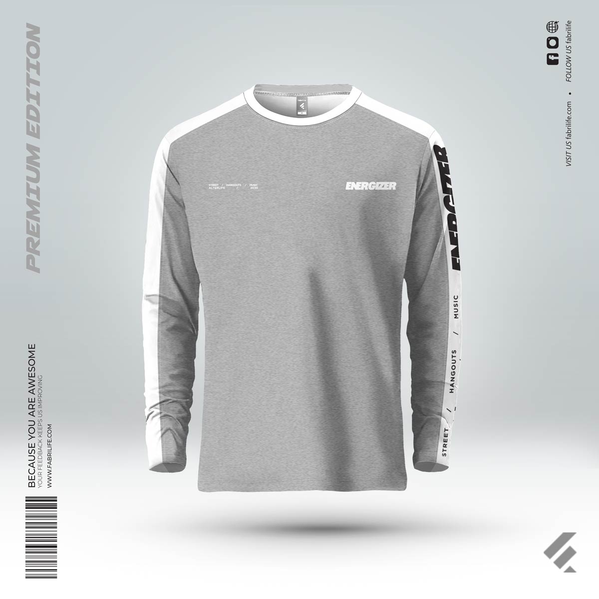 Men Full Sleeve T-Shirt "Energizer" | Grey/White Raglan