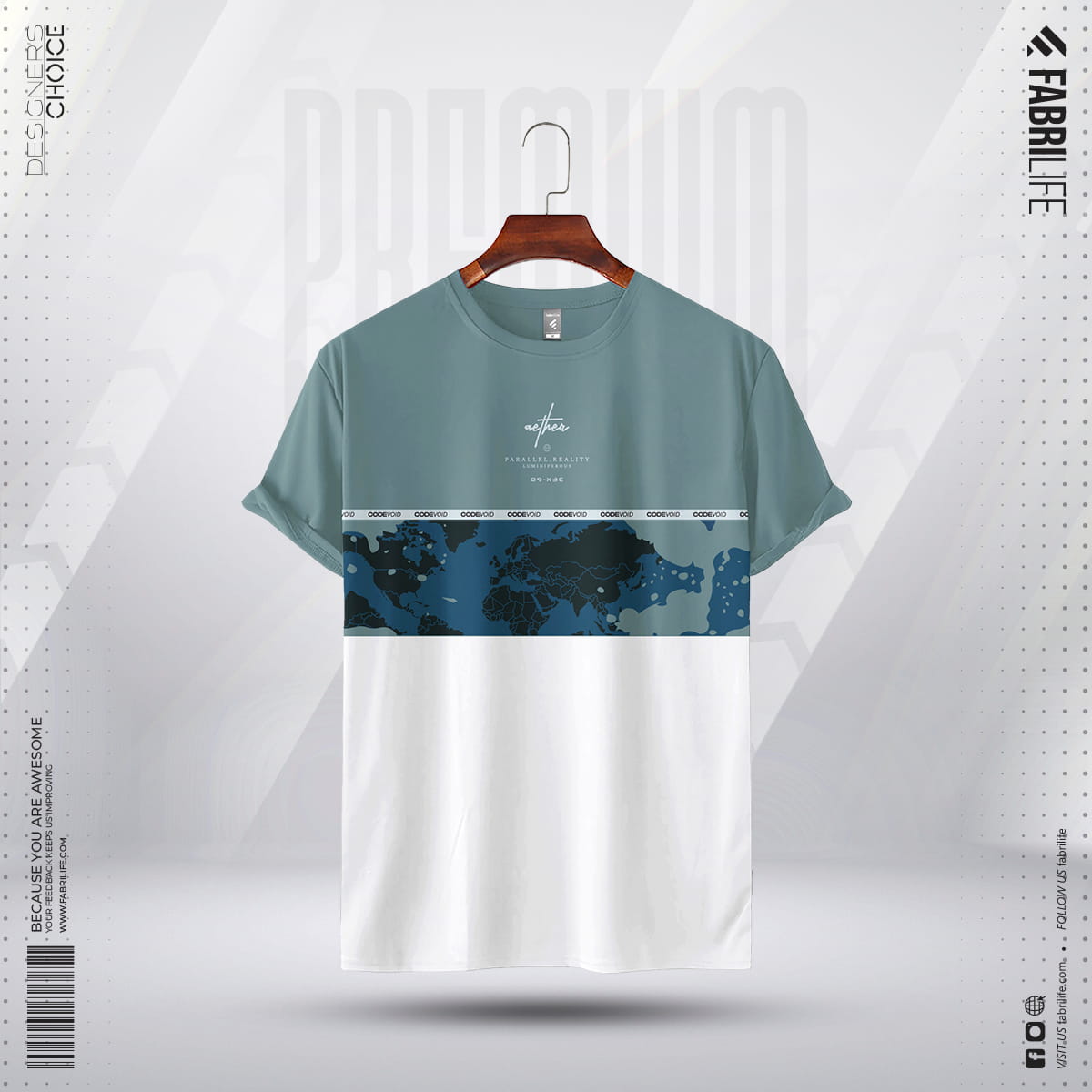 Men Half Sleeve T-Shirt "Aether" | Teal/White World Map