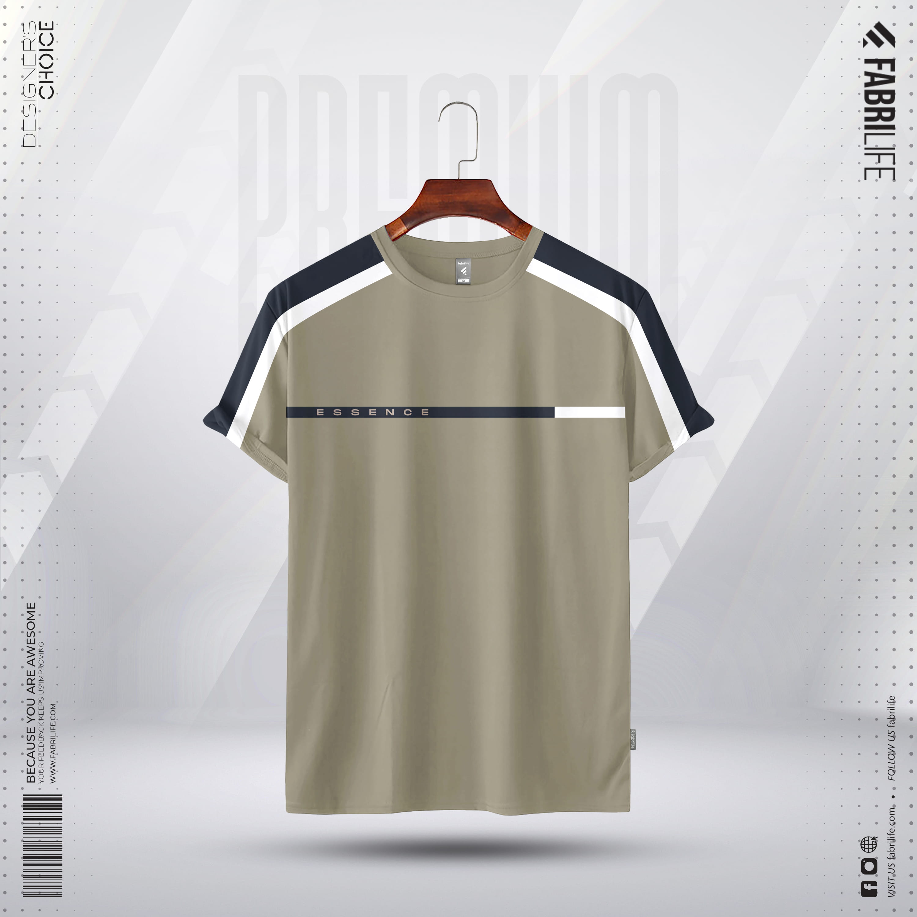 Men Half Sleeve T-Shirt "Essence" | Olive/Khaki with Navy Stripe