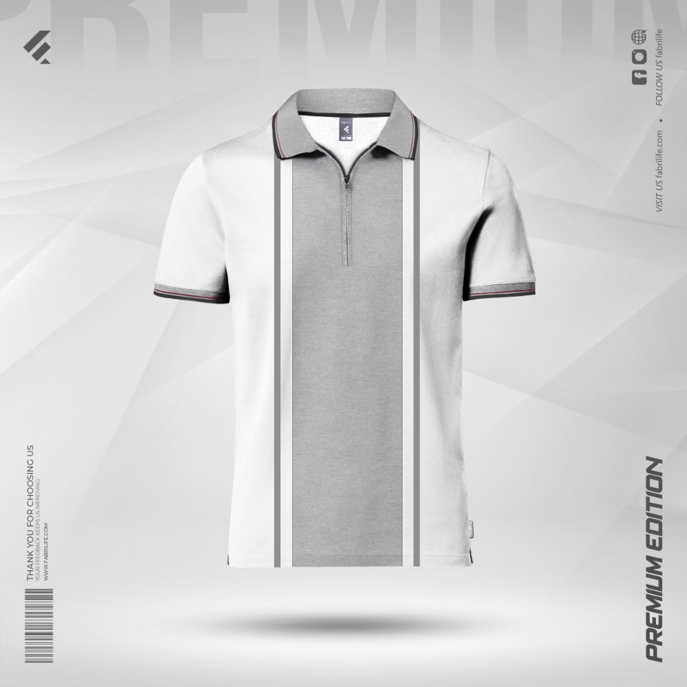 Men Designer Polo Shirt | White/Grey Zip Collar