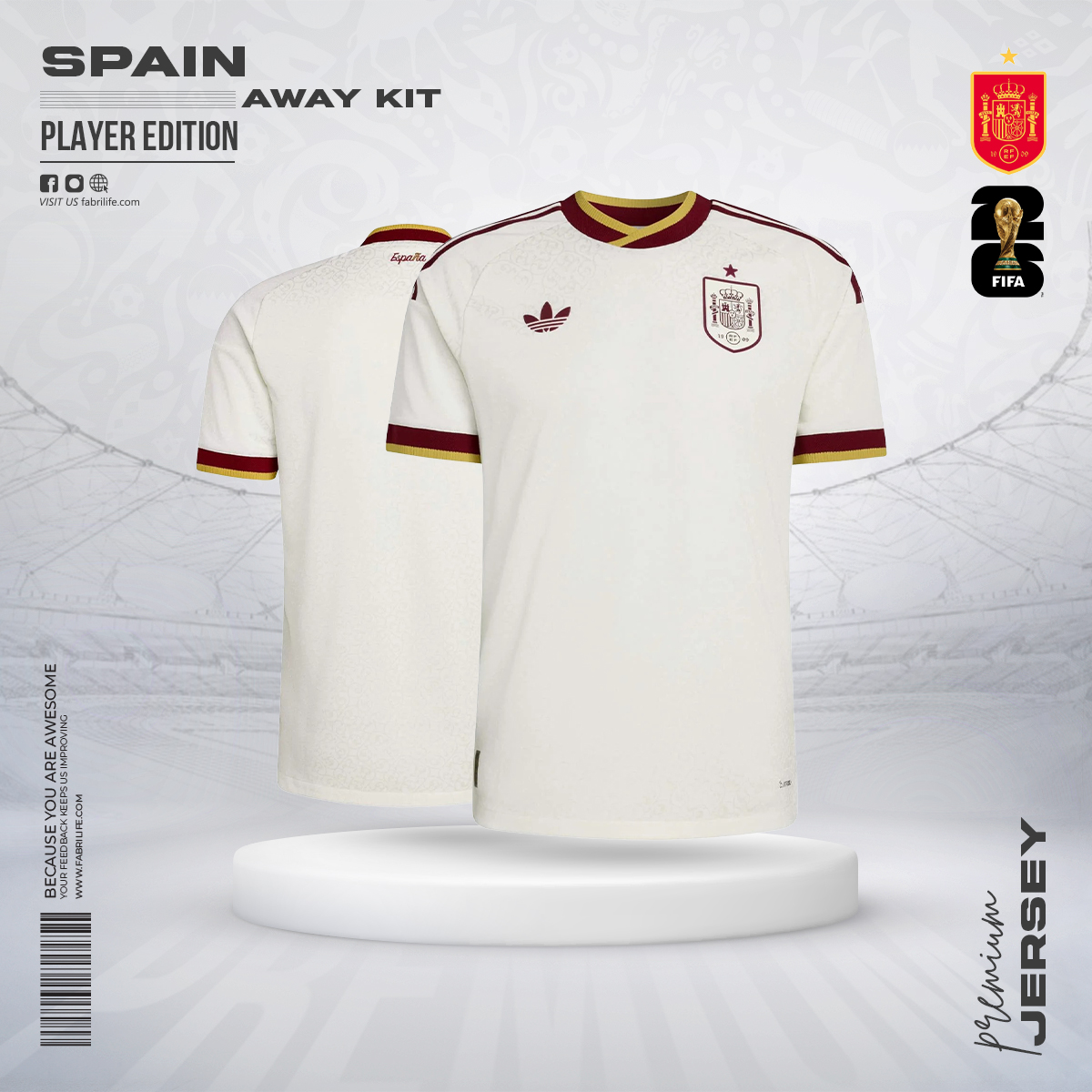 Premium Football Jersey Spain Away Kit | White/Cream/Maroon