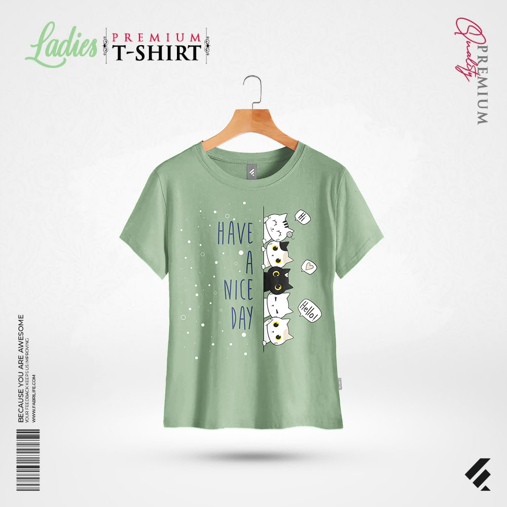 Ladies Premium T-Shirt | Mint Green "Have A Nice Day" Cat Print