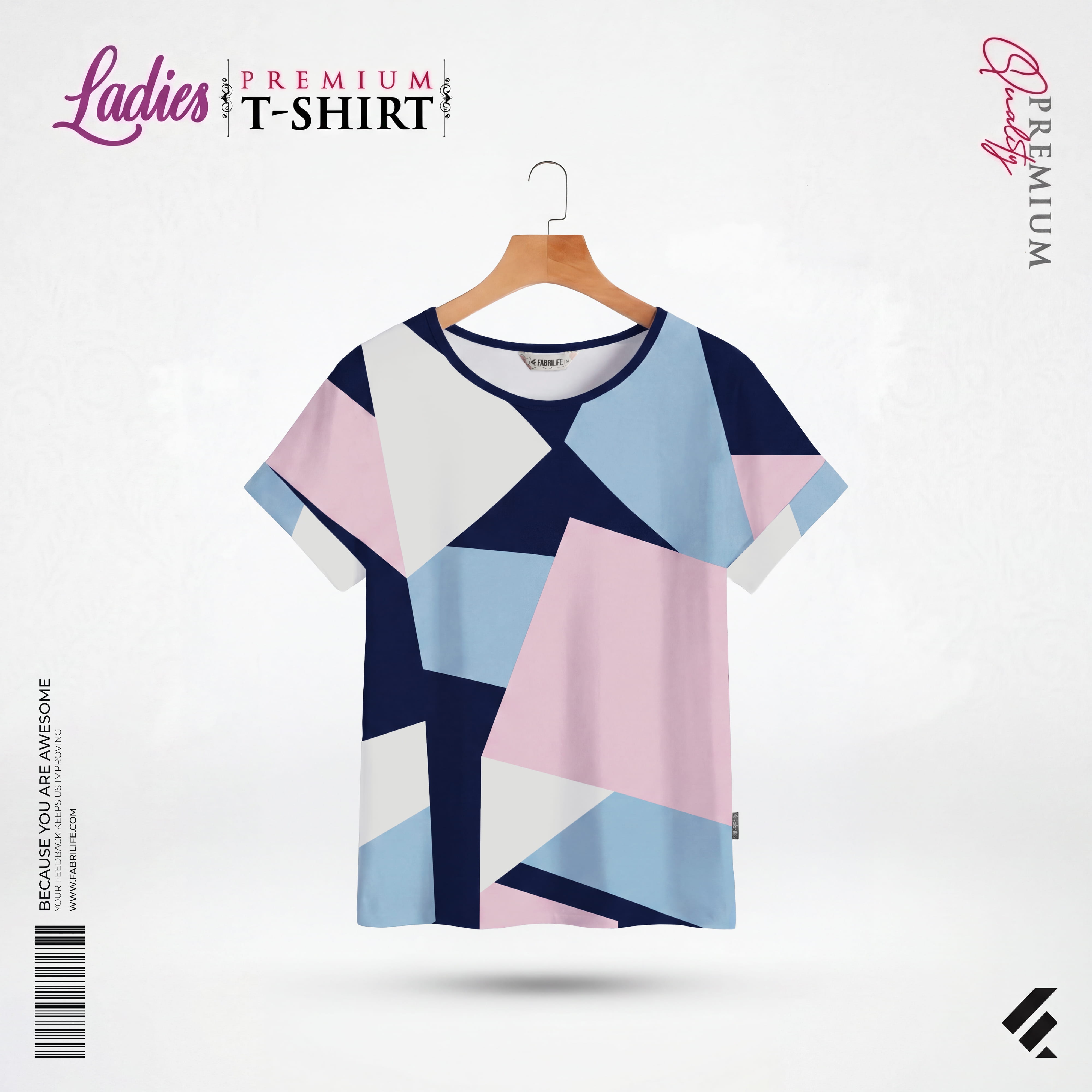 Ladies Premium T-Shirt | Geometric Color Block Navy/Pink/Blue